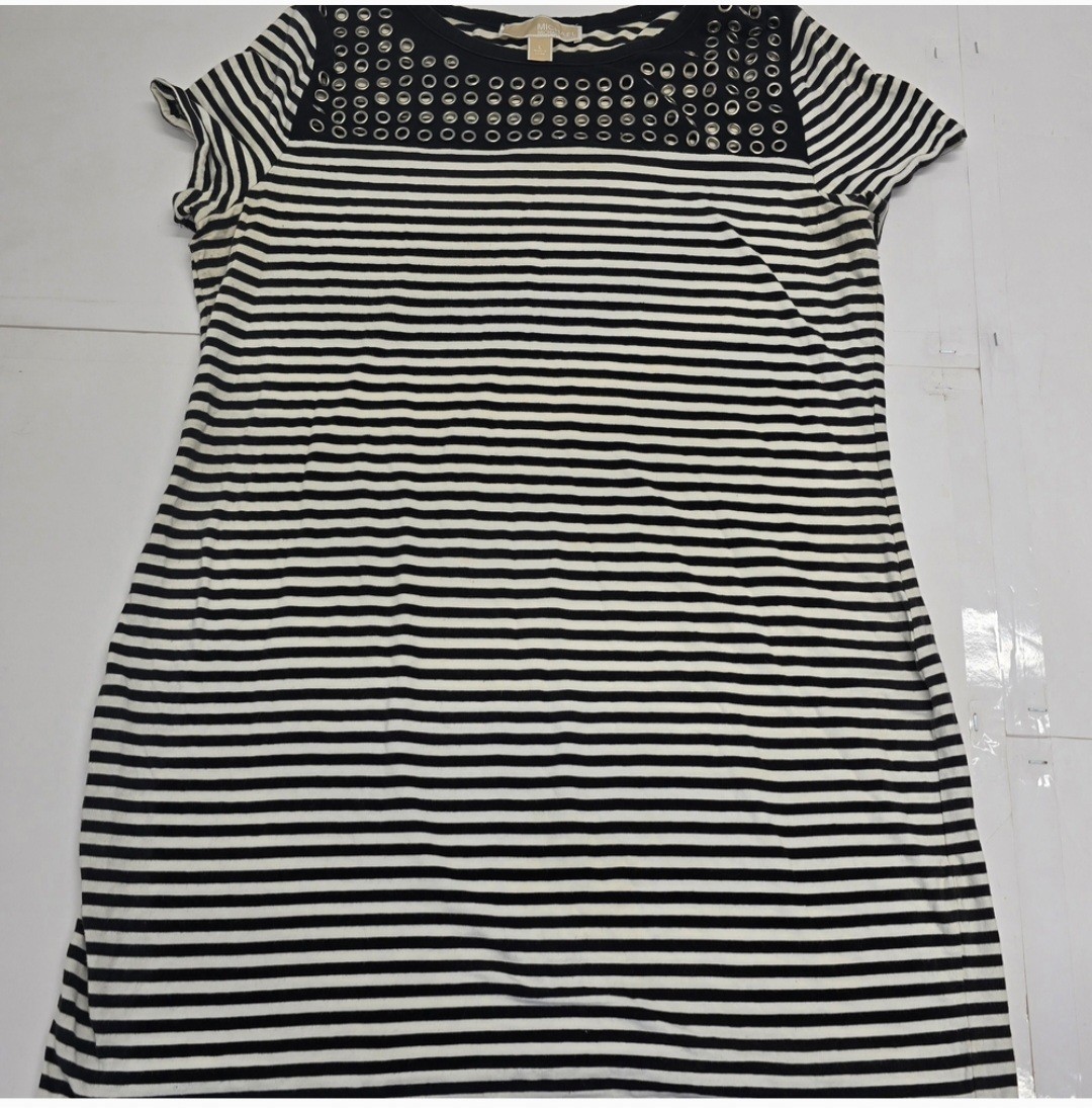 Michael Michael Kors Dress Women L Black White Stripe Round Short Raglan Sleeve