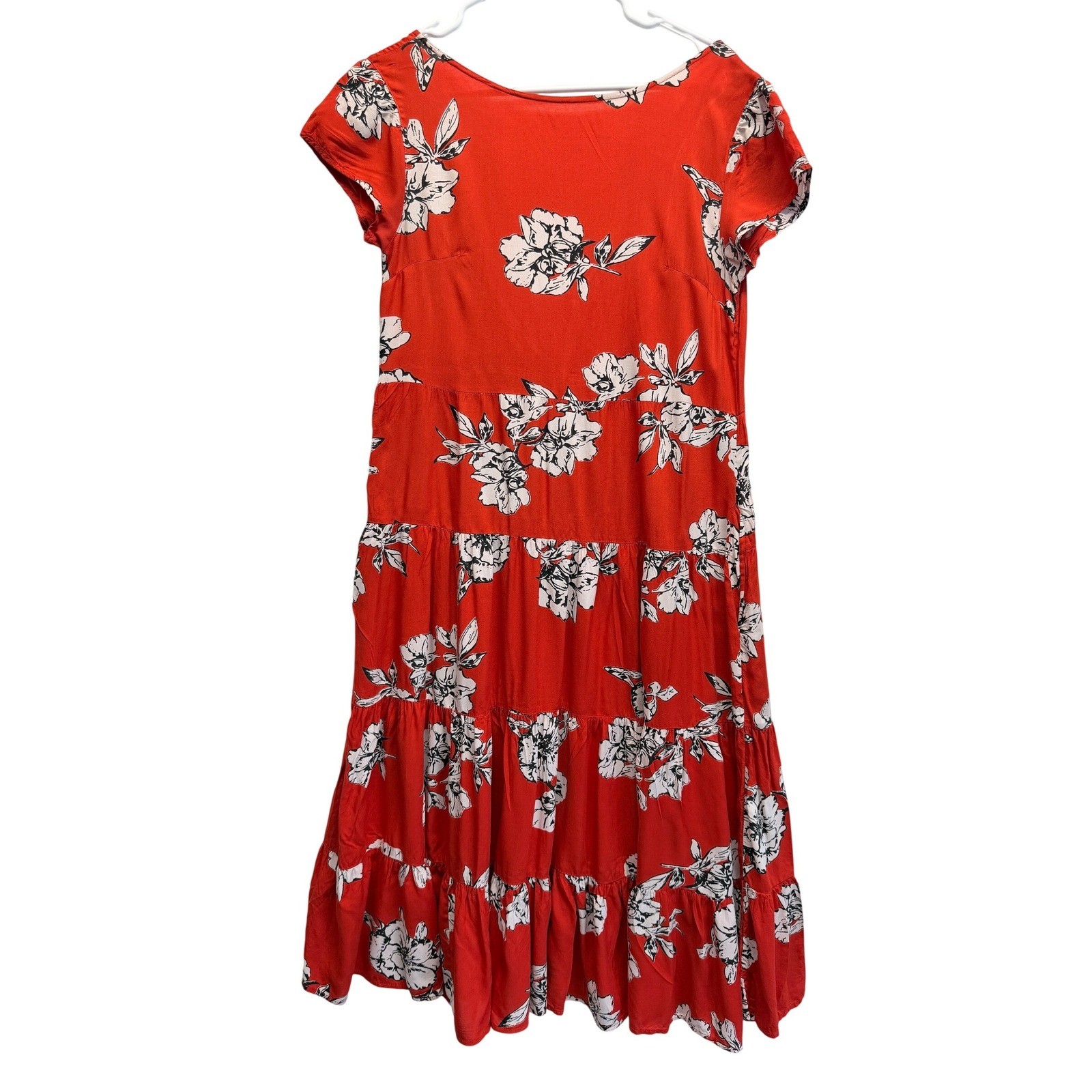 Free People Rita Tiered Flowy Midi Dress Red Floral Print Scoop Open Back XS