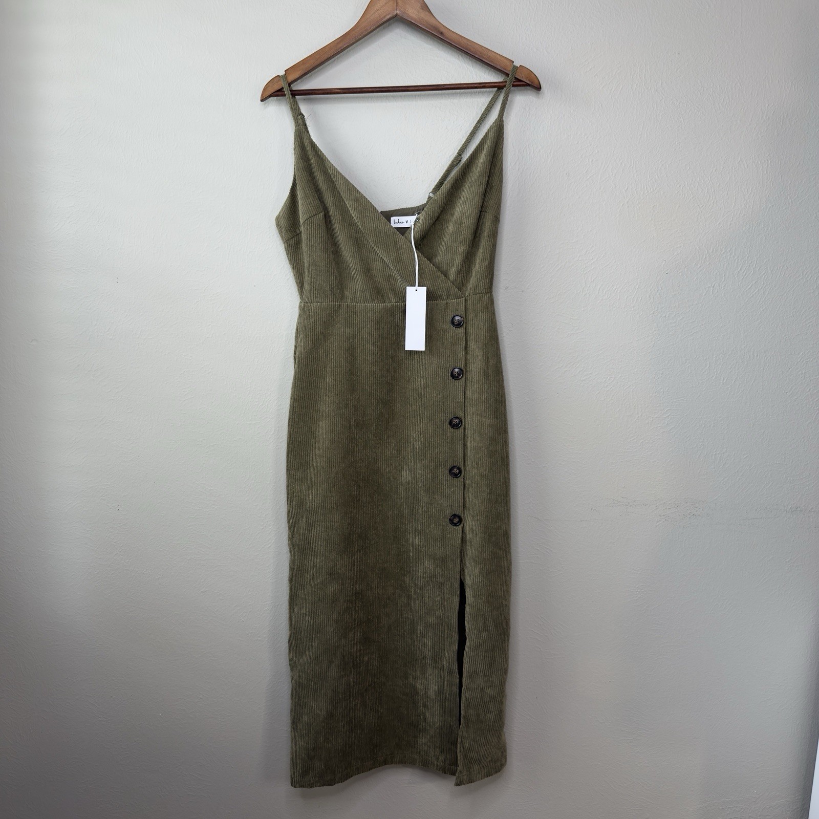 Lulus Lush S Corduroy Midi Dress Buttons Retro Olive Slit Preppy 90s Everyday