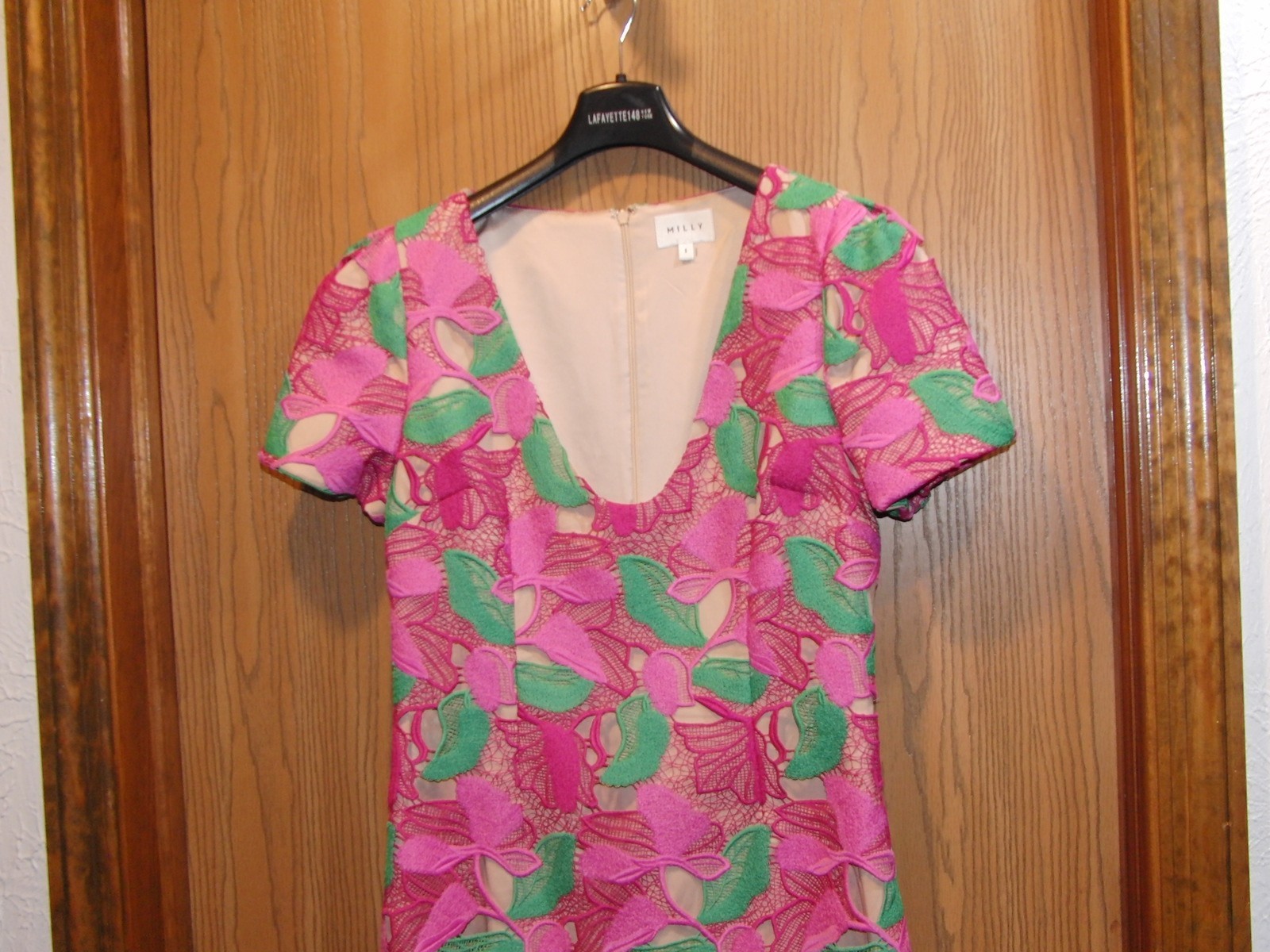 Milly Pink & Green Mesh Cut-out Lined Short Sleeve Dress 8