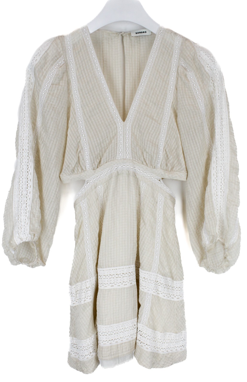 SANDRO Alaya Dress Women’s (EU) 38 Linen Blend Short Flared Cut-Out V-Neck Beige
