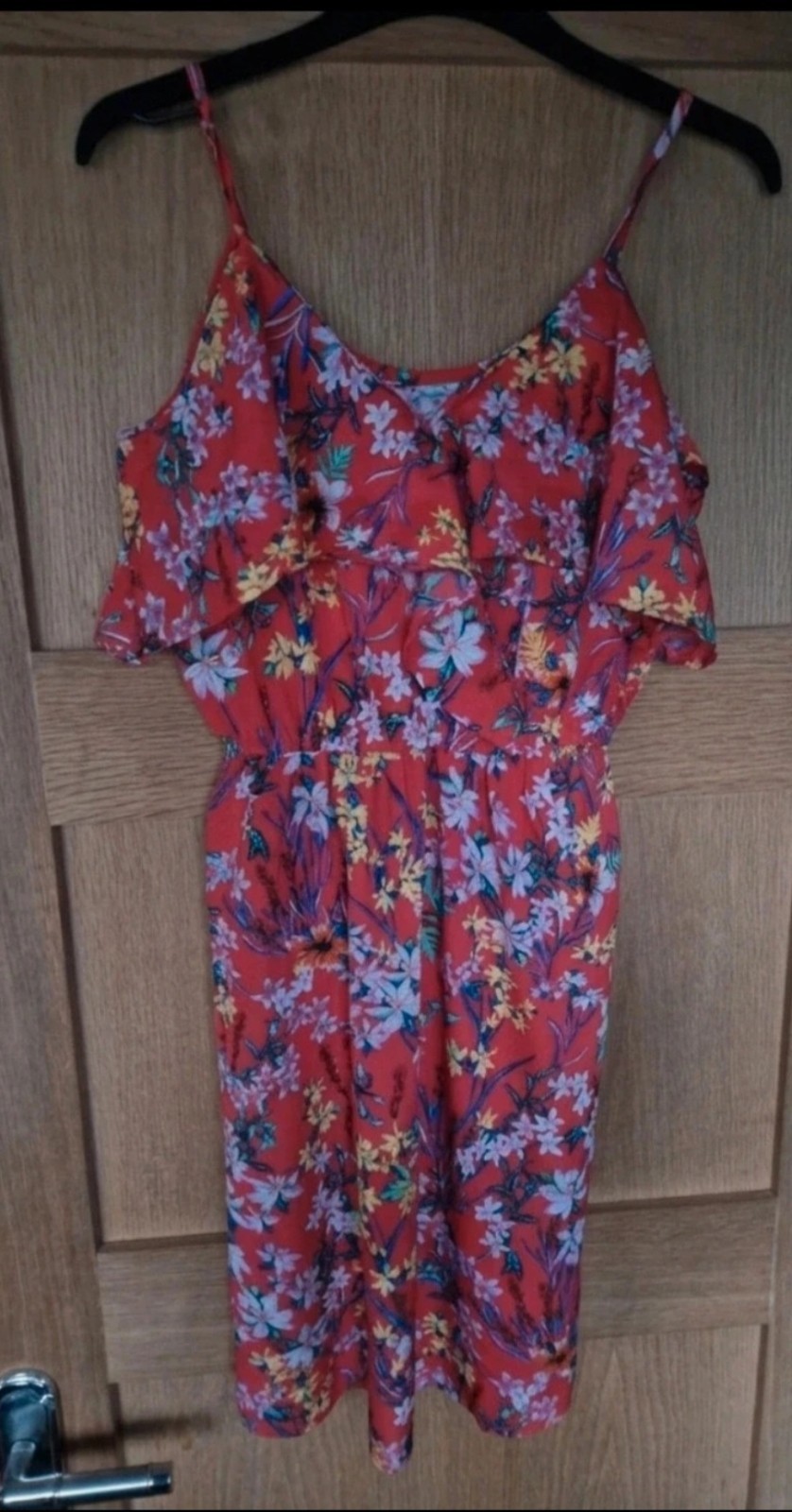 Bold Boho Tropical Ruffle Dress 🌺 Cold Shoulder Bright Floral (UK 8/10)