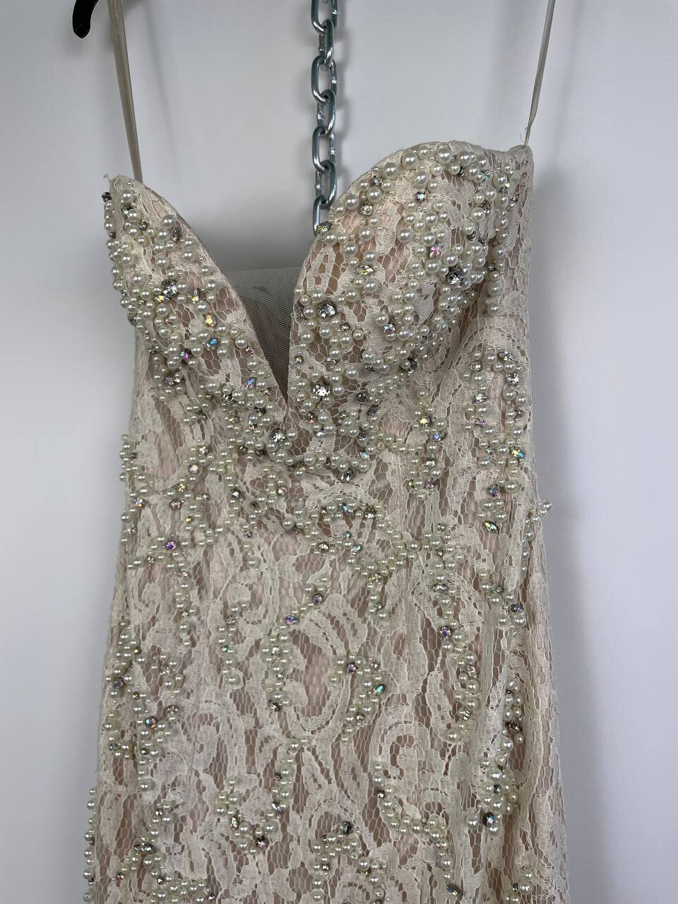 Jovani Strapless Lace Gown Beaded Pearl Nude Ivory Dress Sz 4 Small Prom Formal