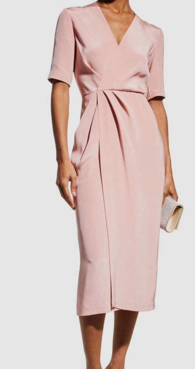 $1590 Adam Lippes Women’s Pink Silk Draped Crepe Midi A-Line Dress Size 8