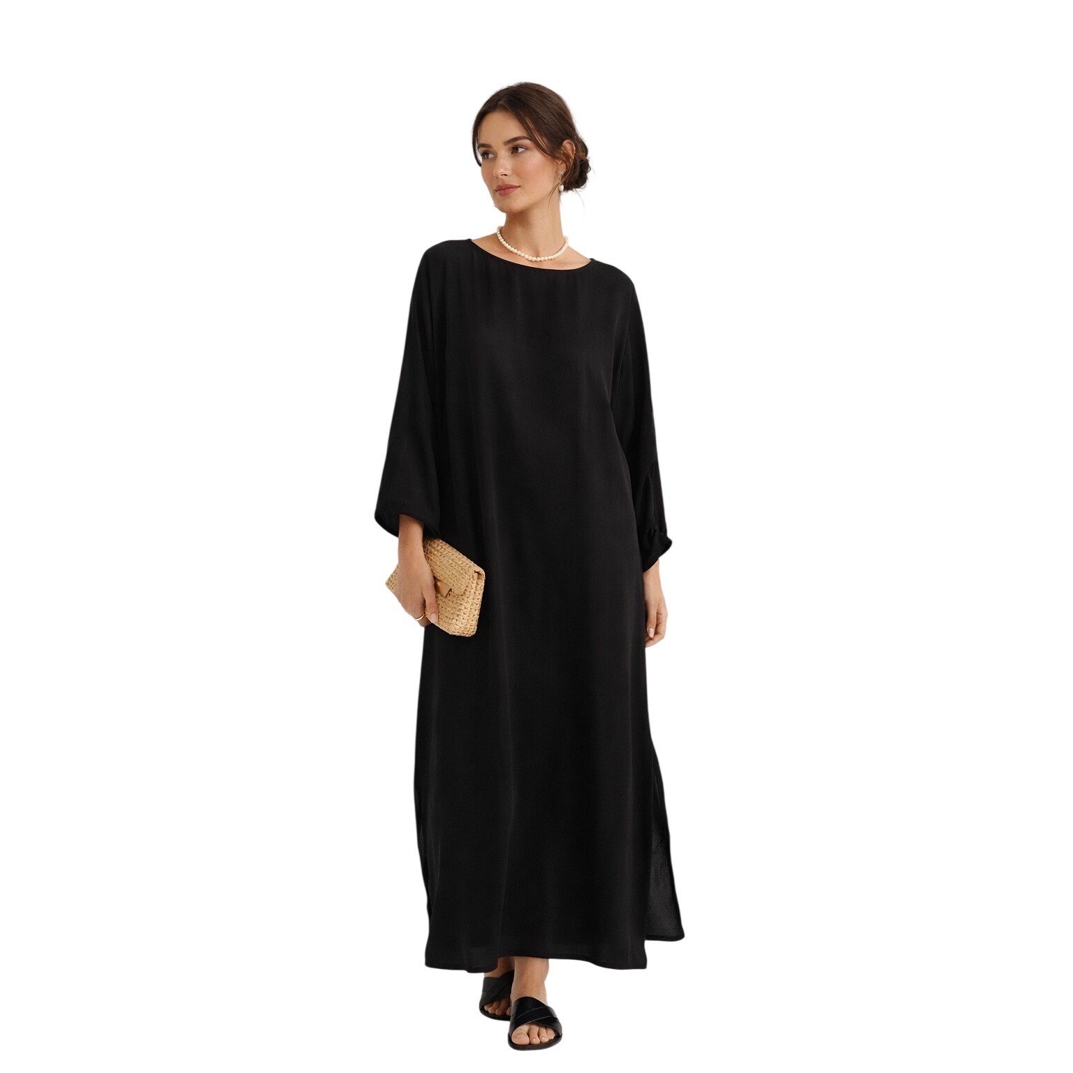 NWT Timeless Maxi Dress 100% Cupro Silk M L Black Lagenlook Classy Pockets LAUDE