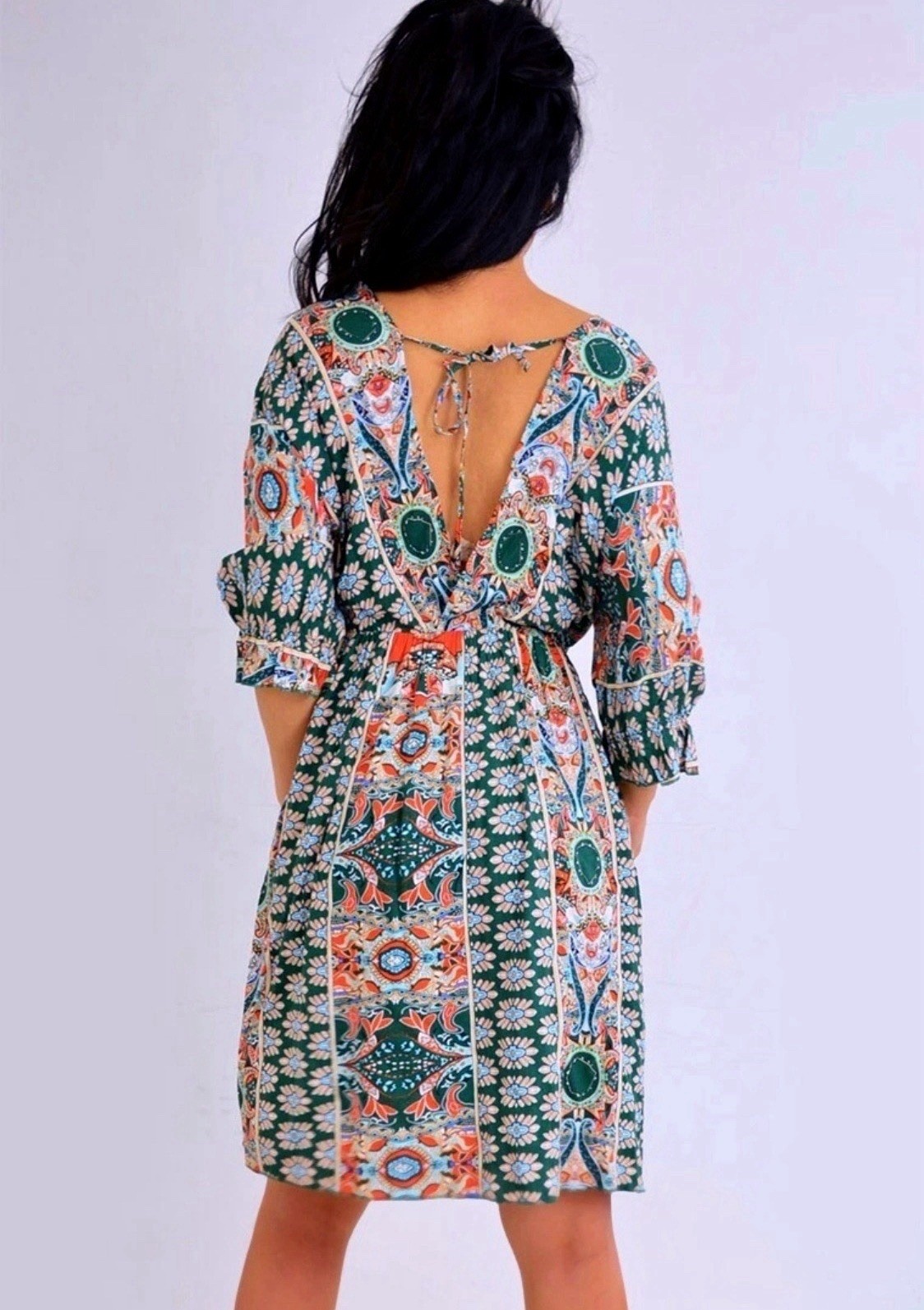 Green Orange Blue Kimono Paisley V Neck Empire Dress Size L Large