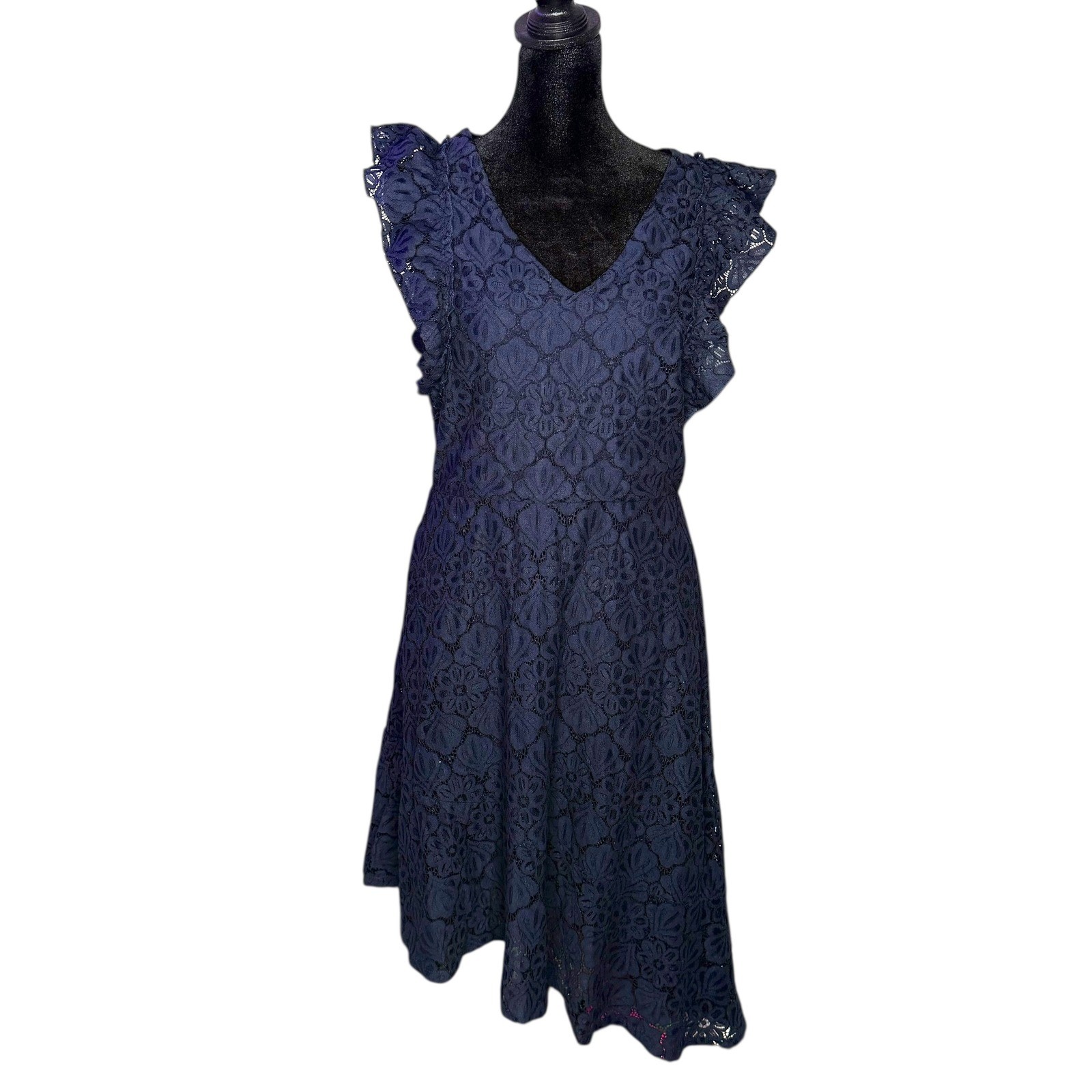 A New Day Floral Lace Overlay Dress Ruffle Cap Sleeves Size M Blue Hi Low Hem