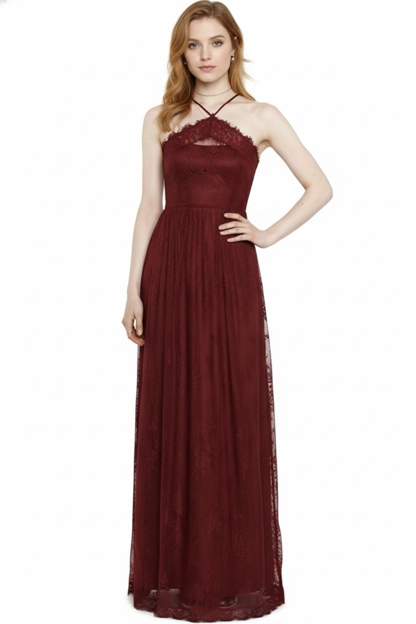 Heartloom Belle Burgundy Lace Halter Maxi Dress size XS Gown AAK