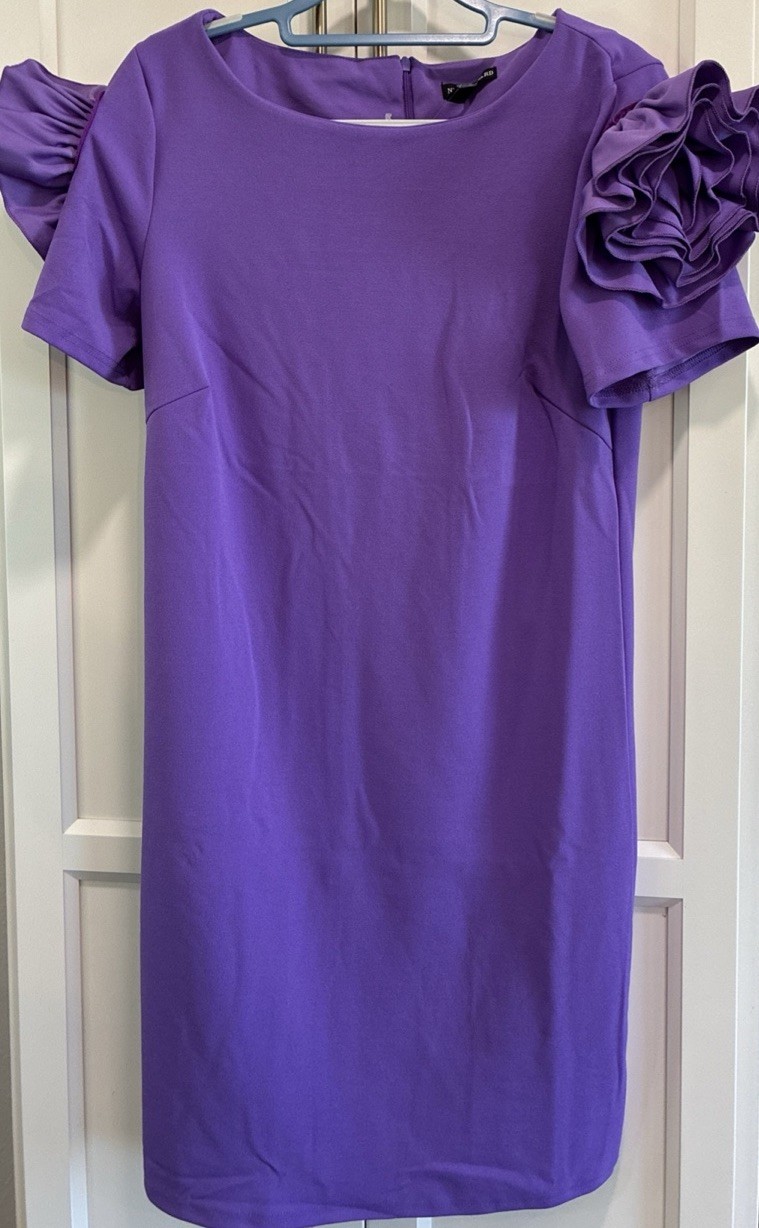NWT Purple Nina Leonard Women’s Ruffle Flower Sleeve Back Zip Sheath Dress Sz L