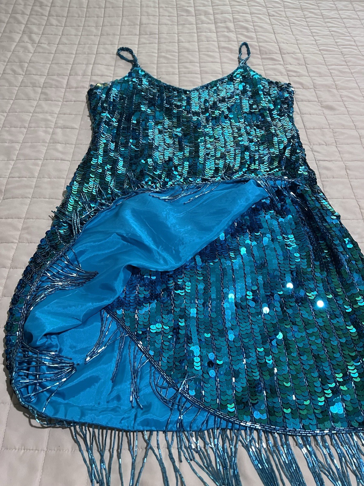 Vtg Silk Hand Beaded Sequin Fringe Cocktail Dress Teal Peacock Blue Y2K M