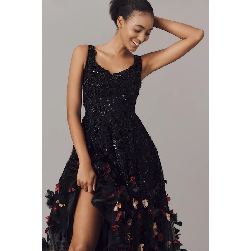 NEW Mag Duggal Sequin Floral Appliqué 3D FlowersBlack Midi Dress Size 10