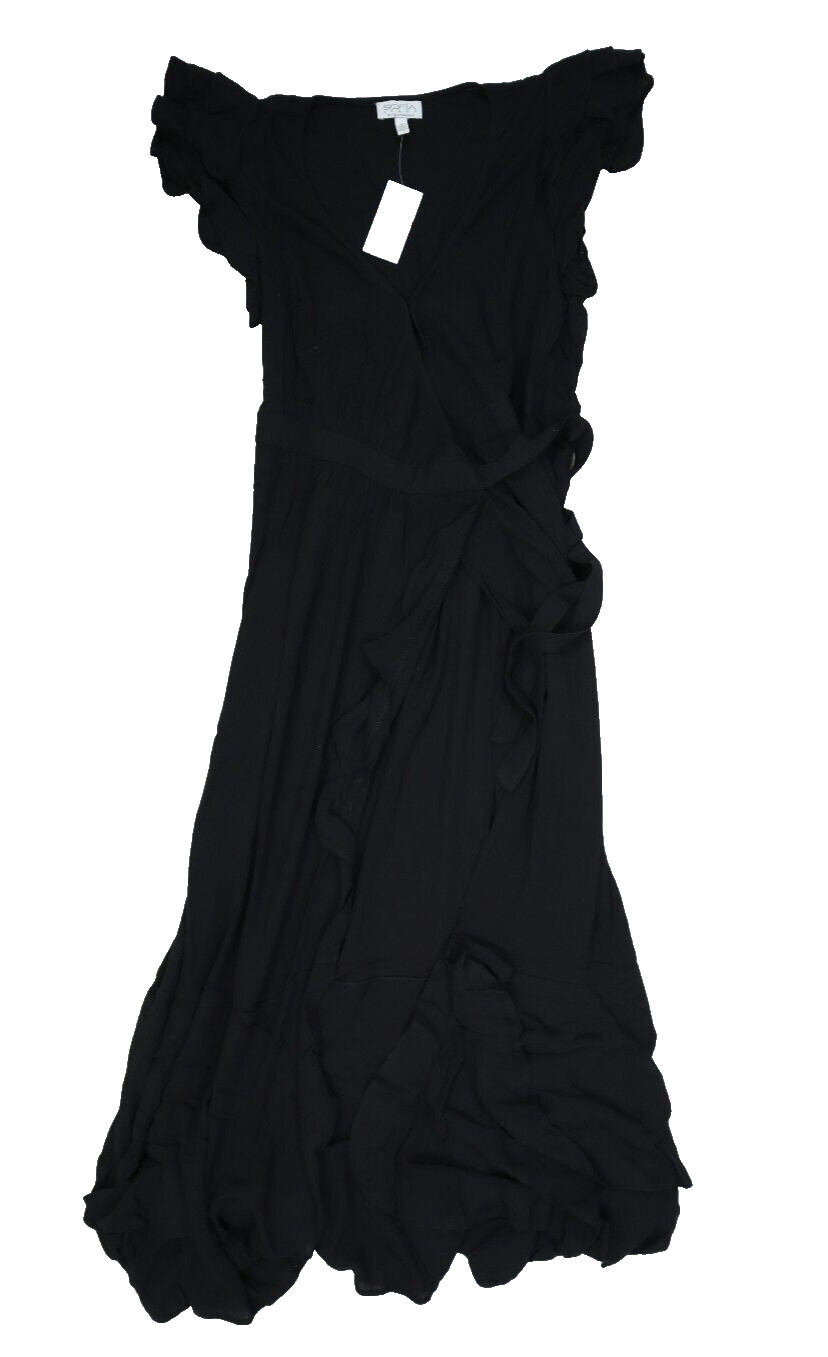 Sofia Vergara Layered Ruffle Wrap Maxi Dress Layered Short Sleeve Black Womens M