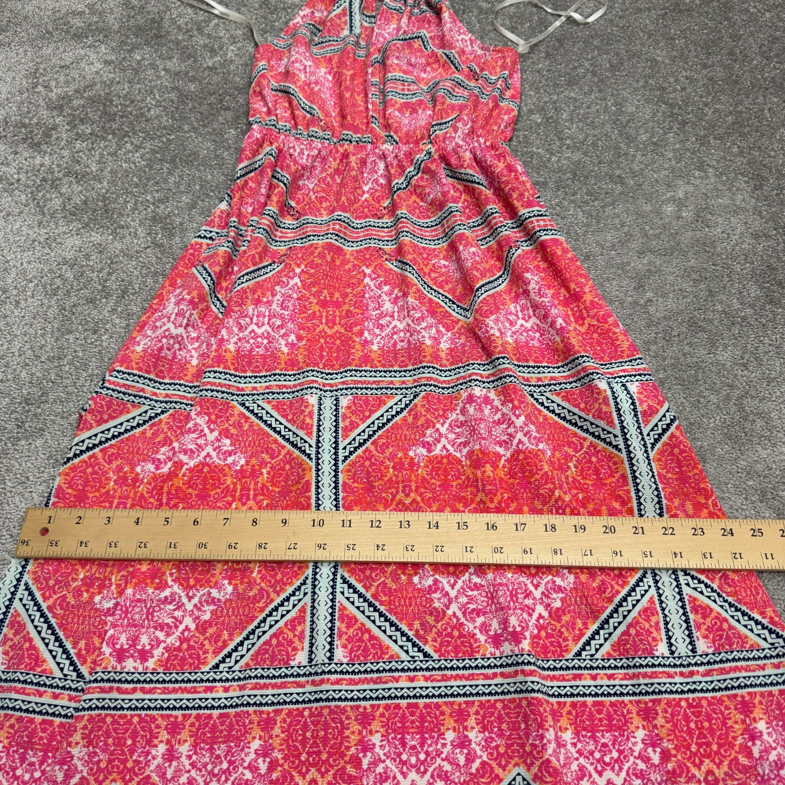 Minkpink Geometric Halter Maxi Dress Women Medium Pink Orange Backless Slit NWOT