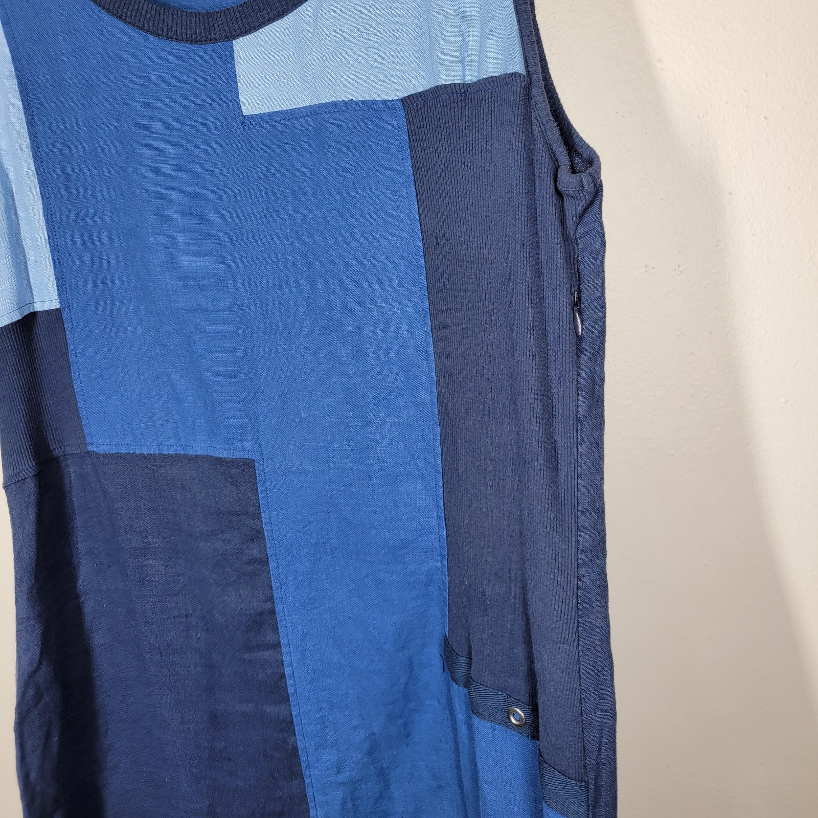 Maloka Portugal Blue Patchwork Linen Cotton Mixed Media Sleeveless Dress 4