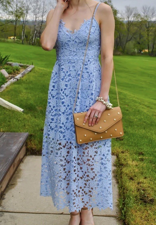 ASTR the Label Floral Crochet Lace Anaya Midi Dress Size L Boho Event Blue
