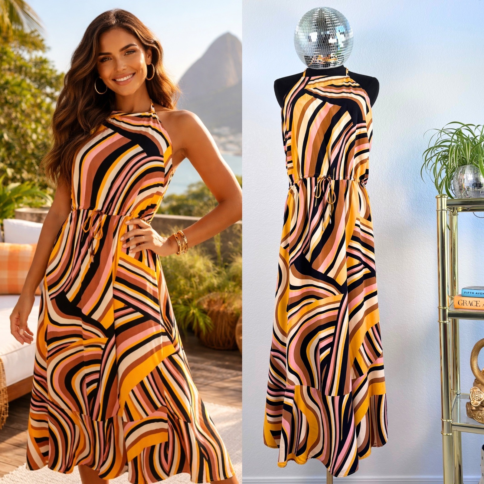 DROPS RIO Retro Swirl Print Halter Dress, Women Size 42 / M, 70s Aesthetic