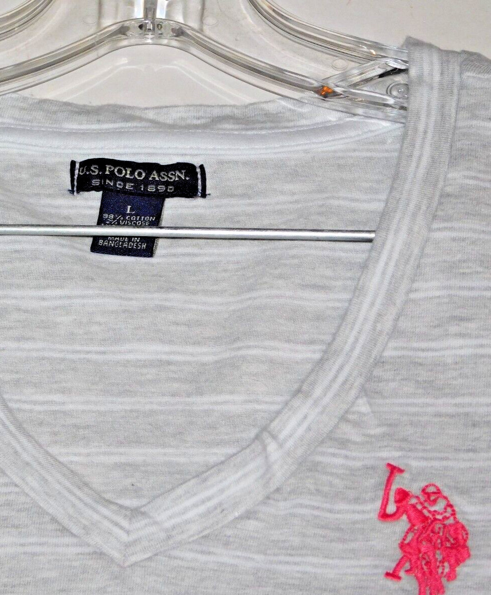 US Polo Assn Size L Grey Stripe Womens Stetch Cotton Knit Logo Slimming Dress