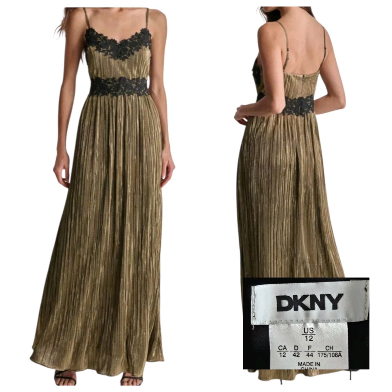 DKNY Women’s Gold Pleated Metallic Lace-Trim Sleeveless Gown Dress Size 12
