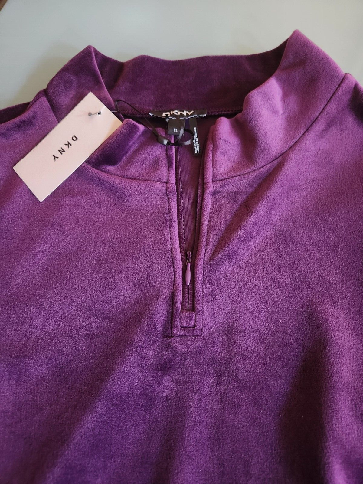 New DKNY Purple Velour Stand up Collar with Short Zipper and Logo dress, Size XL