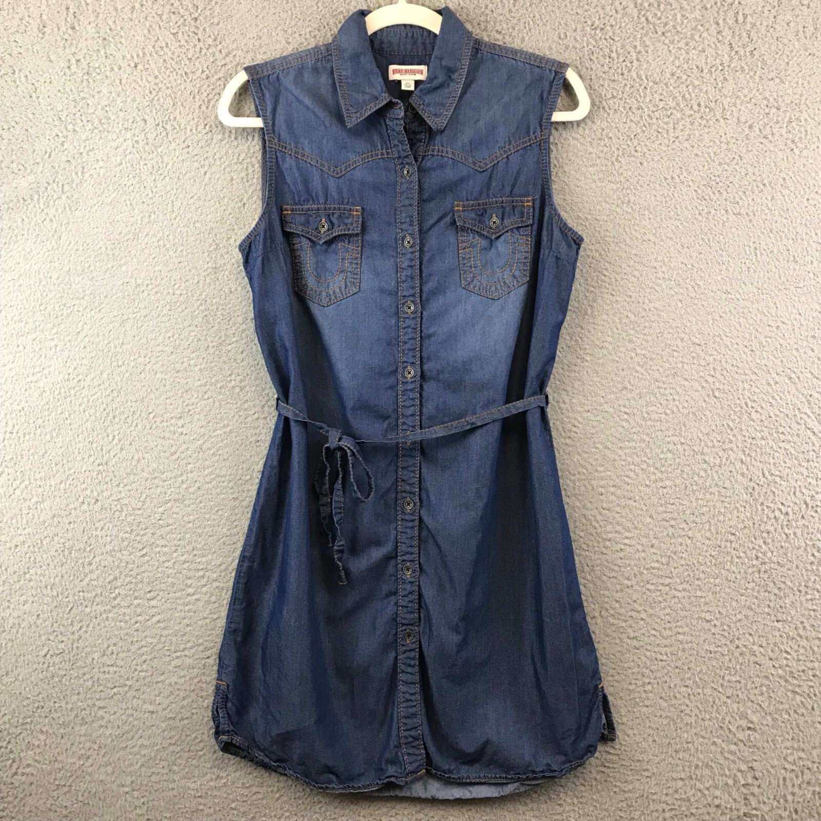 True Religion Heather Denim Shirt Belted Dress Size S Blue Sleeveless