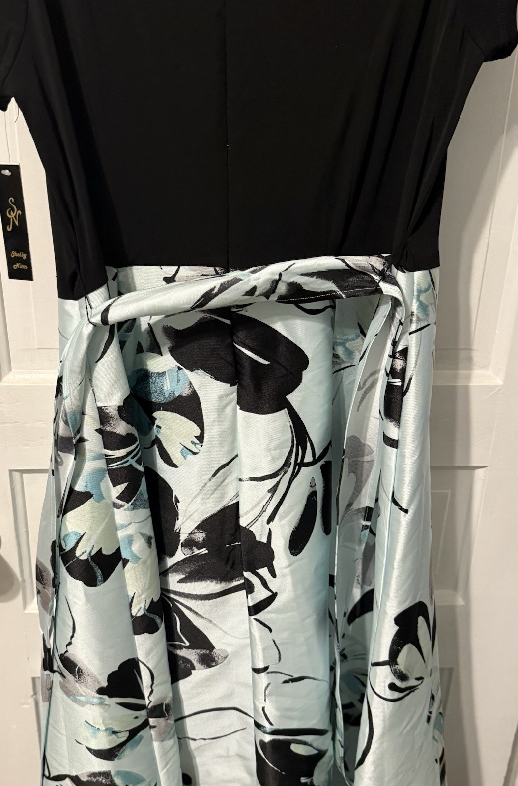 Shelby Nites floral aqua formal silk gown w/knit black top Size 16 NWT bow