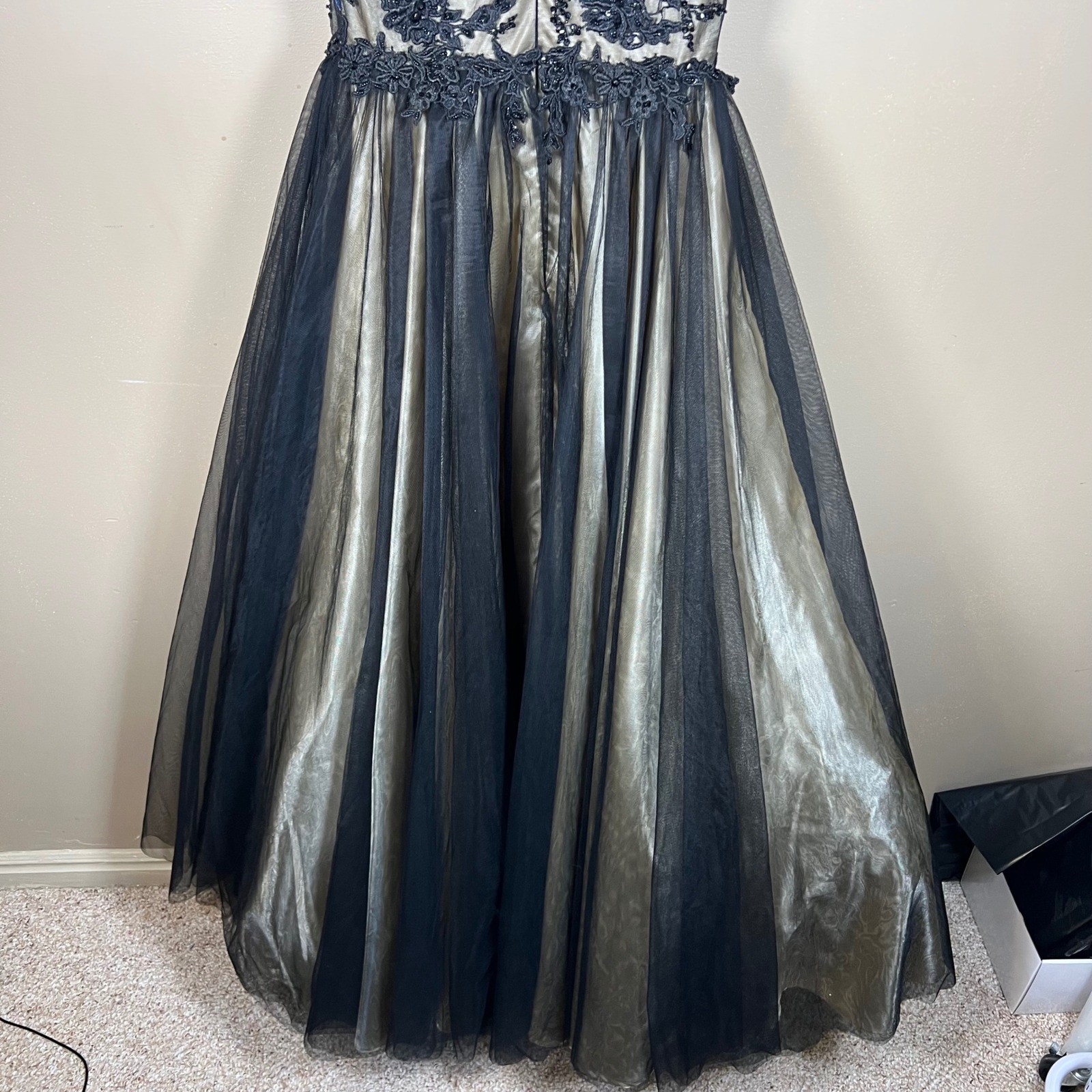 Bicici & Coty Black Gold Beaded Lace Tulle Formal Gown Prom Dress CC71138 XS
