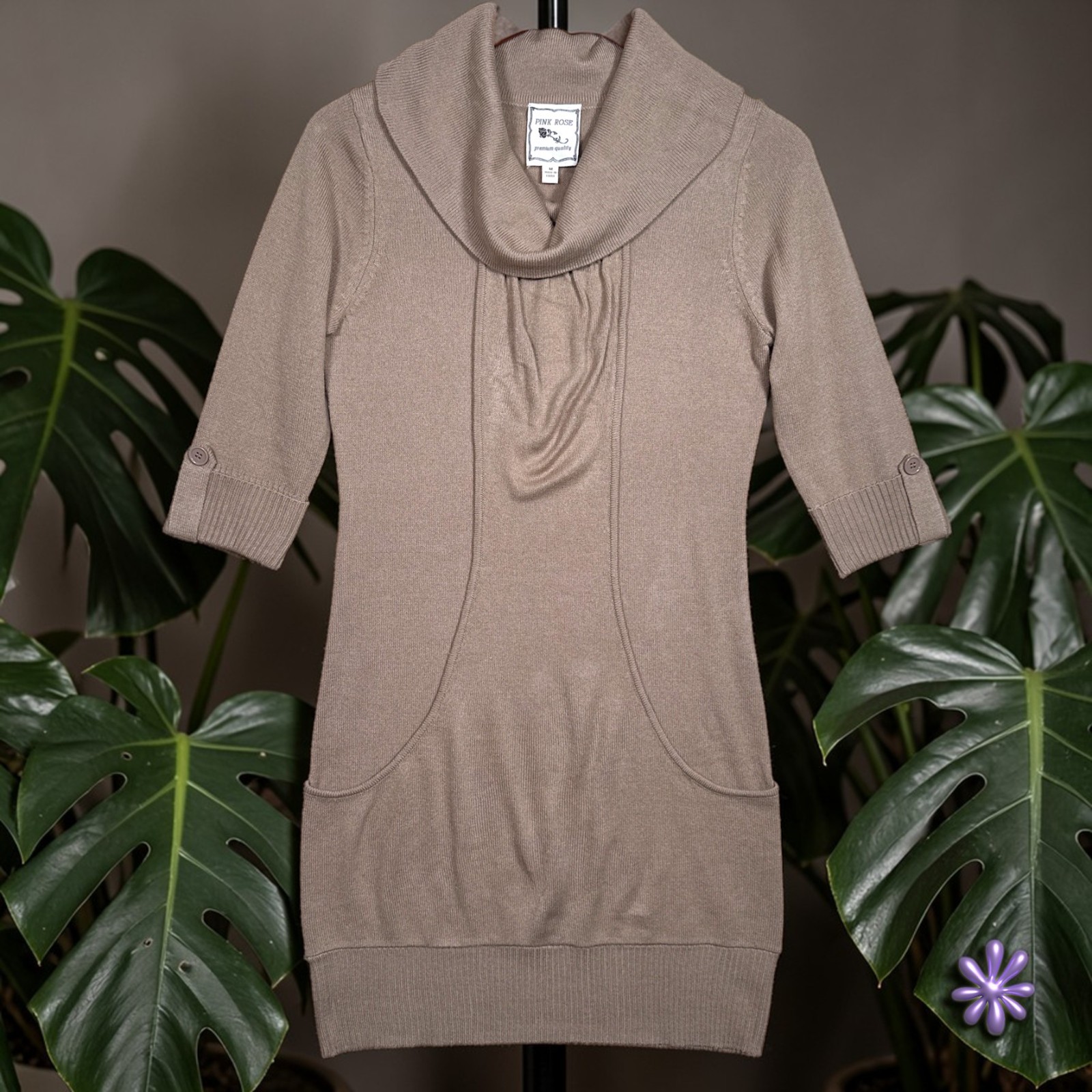 Pink Rose Knit Sweater Dress | Taupe | Cowl Neck | Pockets | 3/4 Sleeve | MEDIUM