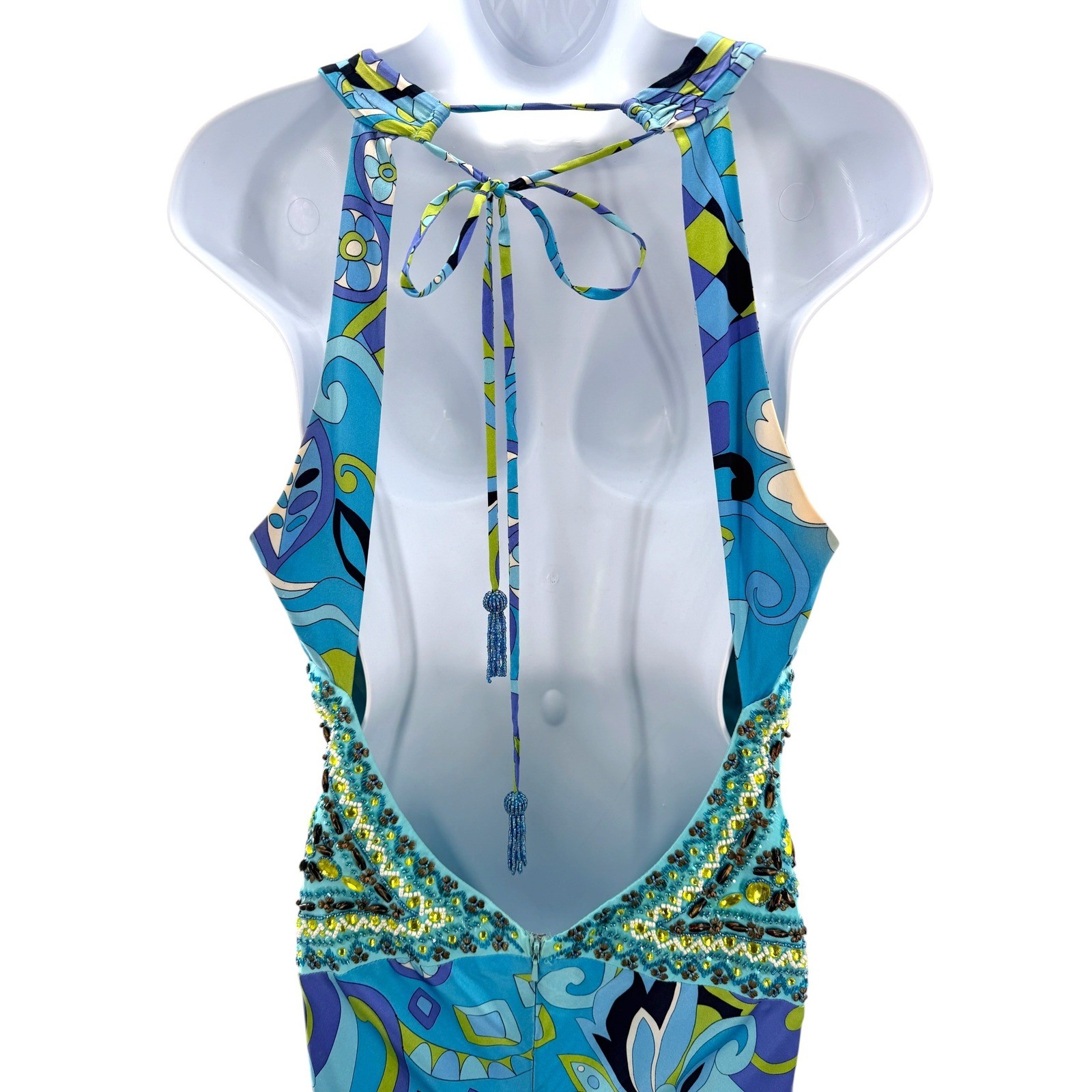 Sue Wong Nocturne Blue Silk Beaded Psychedelic Floral Maxi Dress Open Back 12