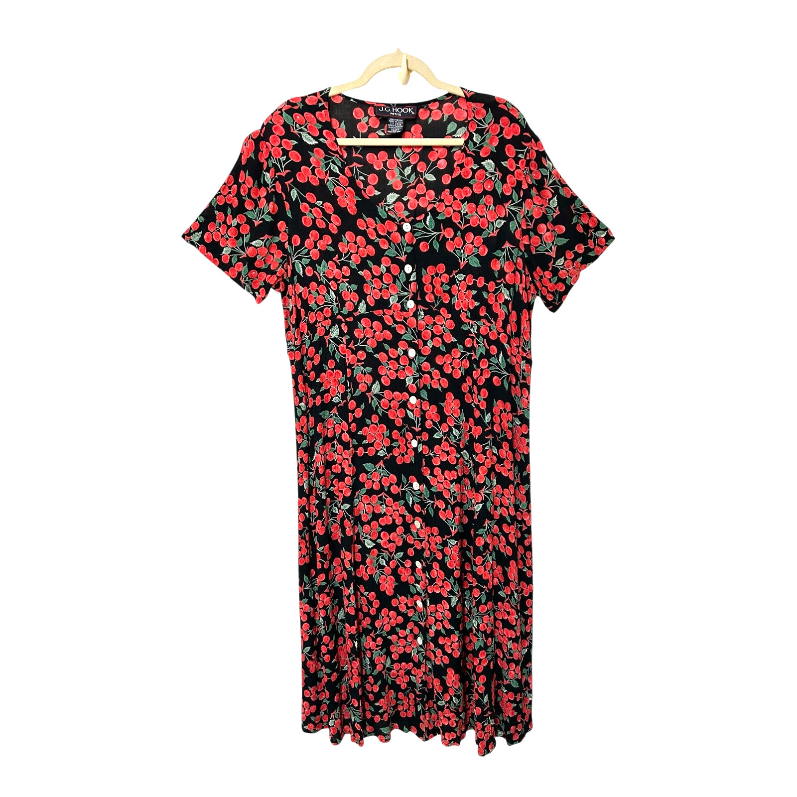 J.G. Hook PETITE Women’s Novelty Cherry Print Dress PXL Button Rayon VINTAGE