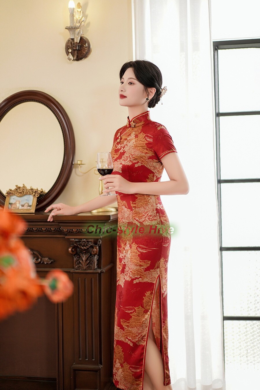 Ladies Chinese Red With Golden Ancient Scenery Prints Trim Dress Cheongsam Qipao
