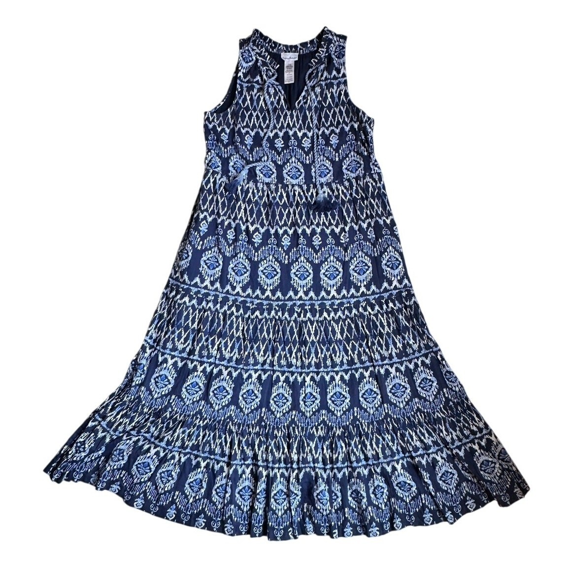 Tommy Bahama Cotton Blue Ikat Tassel Tie Sleeveless Dress Boho Coastal Ruffle S