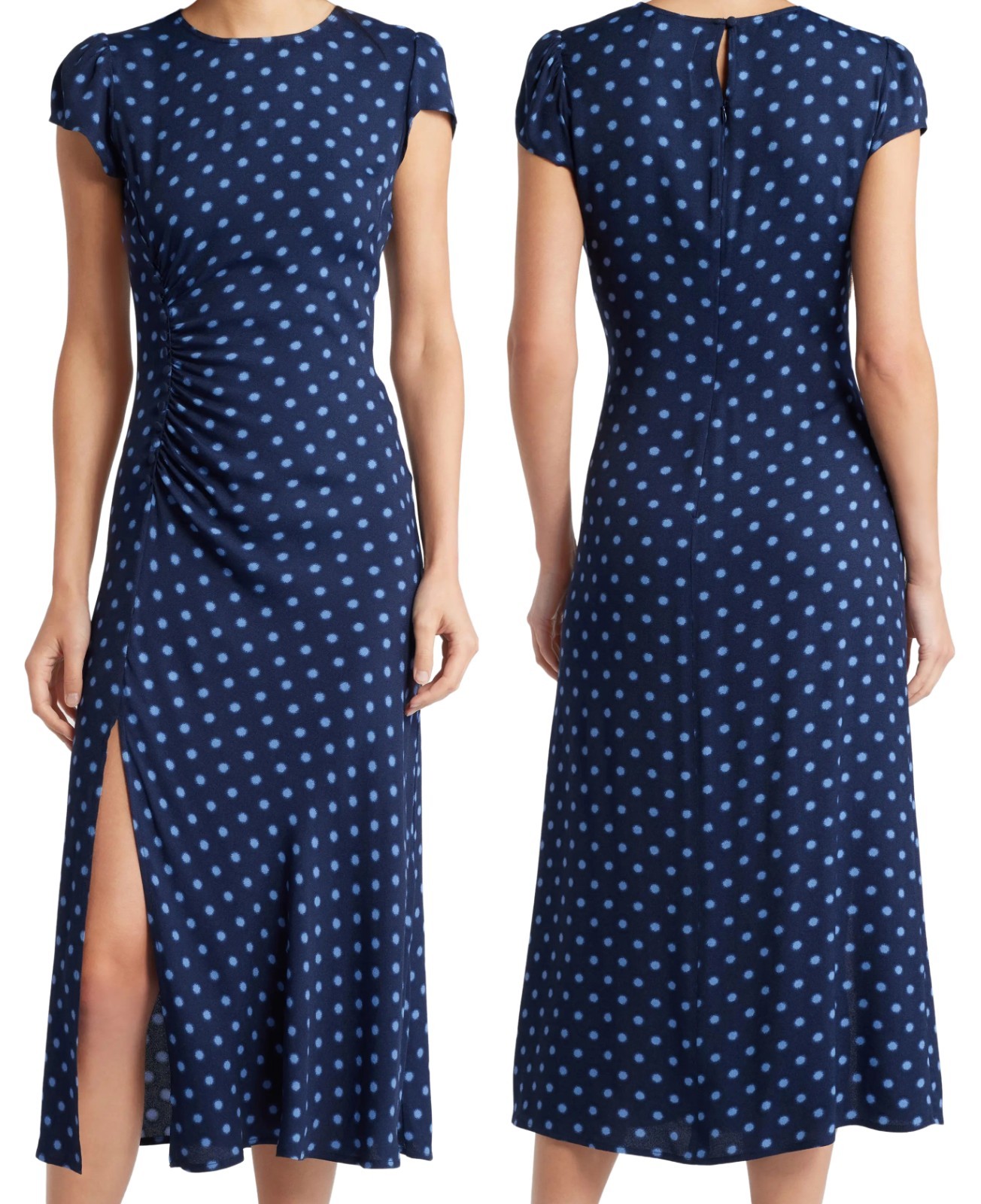 Reformation Frasier Women’s Polka Dot Ruched Sheath Midi Slit Dress Blue Size 12