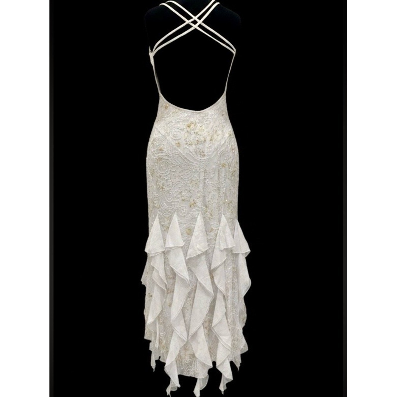 White hand Beaded Ruffle Backless Evening Dress. Power mesh stretch fabric.