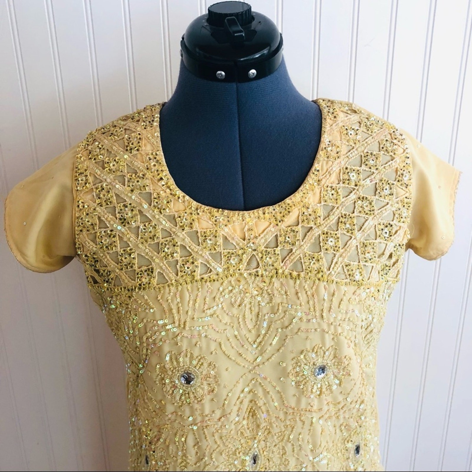 Vintage Yellow ButterCup Sequin Beaded Tunic Top Indian Dress Rhinestones Fancy