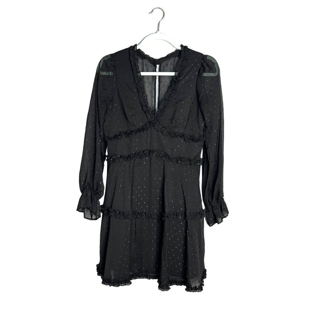 B. Smart Long Sleeve V-Neck Ruffle Mini Dress Size 5 Flowy Semi-Sheer