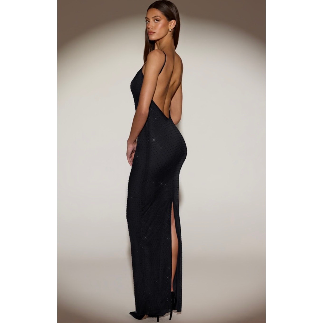 Oh Polly Celandine Sheer Embellished Backless Maxi Dress in Black size 6 New