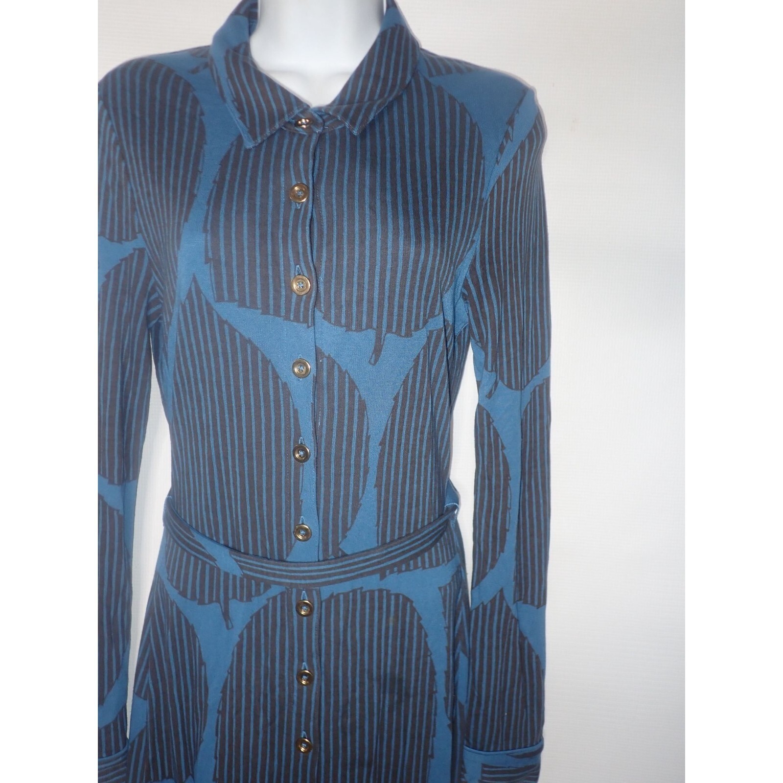 Boden Blue & Black Button-Down Long-Sleeve Dress UK 8 US 4 Belted Career Classic