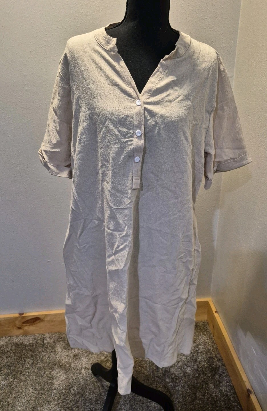 Women’s XL 100% Linen Beige Tunic Dress Mandarin Collar Short Sleeve NWOT