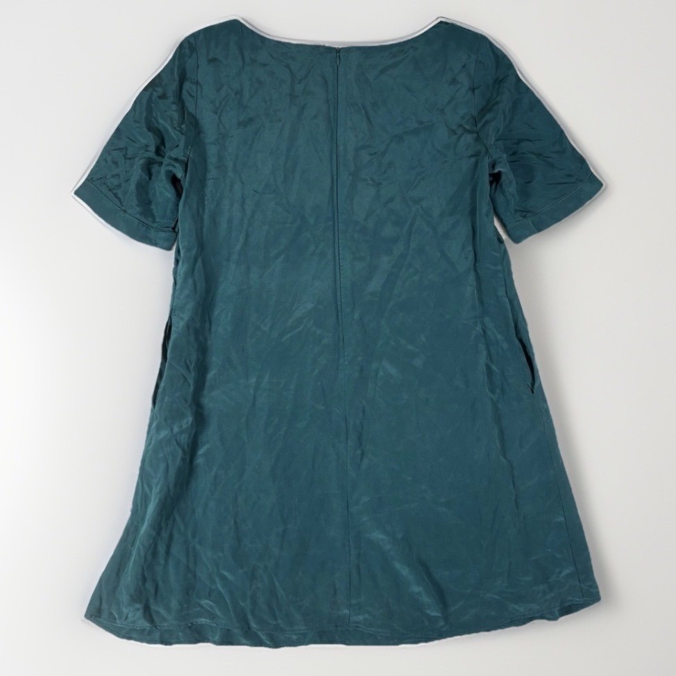 Lavender Brown Shift Dress Womens Medium Teal 100% Silk Short Sleeve Jewel Neck