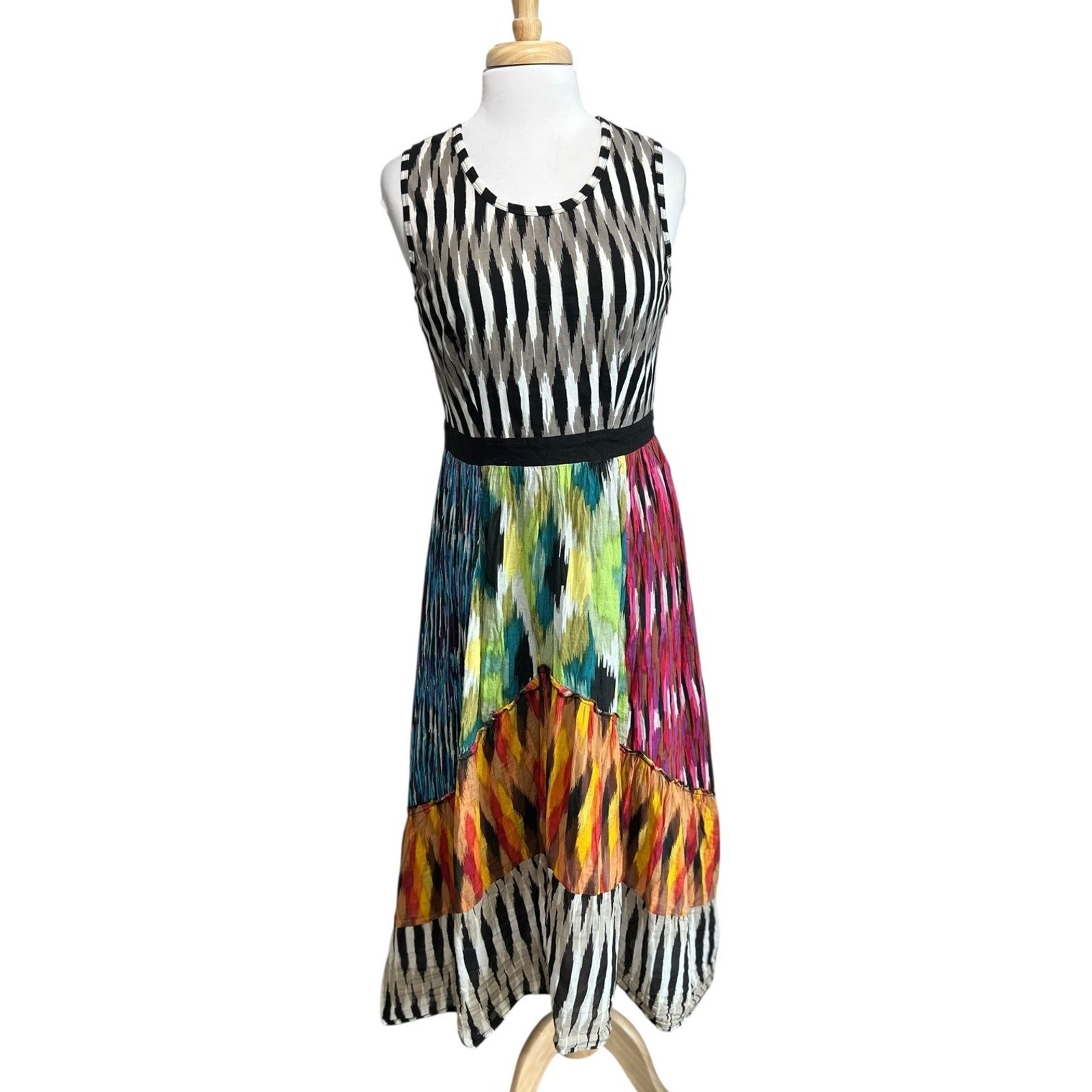 Klozlyne Womens Large Tank Dress Boho Free Spirit Ikat Tribal Patchwork Midi