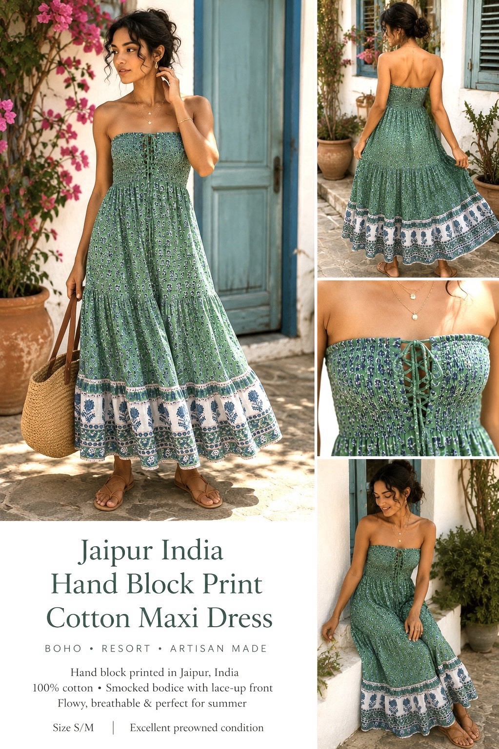 Jaipur India Hand Block Print Cotton Boho Maxi Dress Smocked Strapless S/M