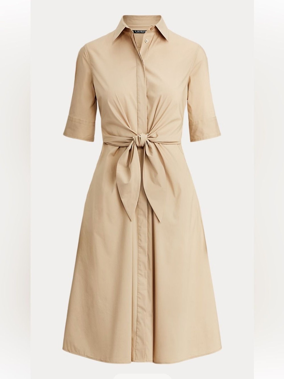 Ralph Lauren Beige Birch Tan Point Collar Shirt-Dress Tie Waist Minimalist 12P