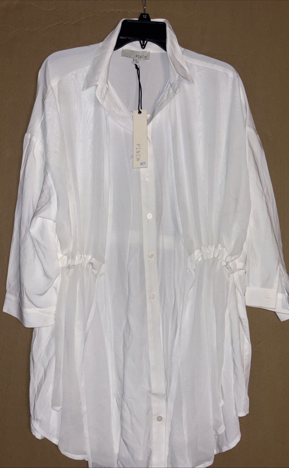PINCH White Drawstring Waist Tunic Shirt Dress – Boho Beach Coverup – Size Large