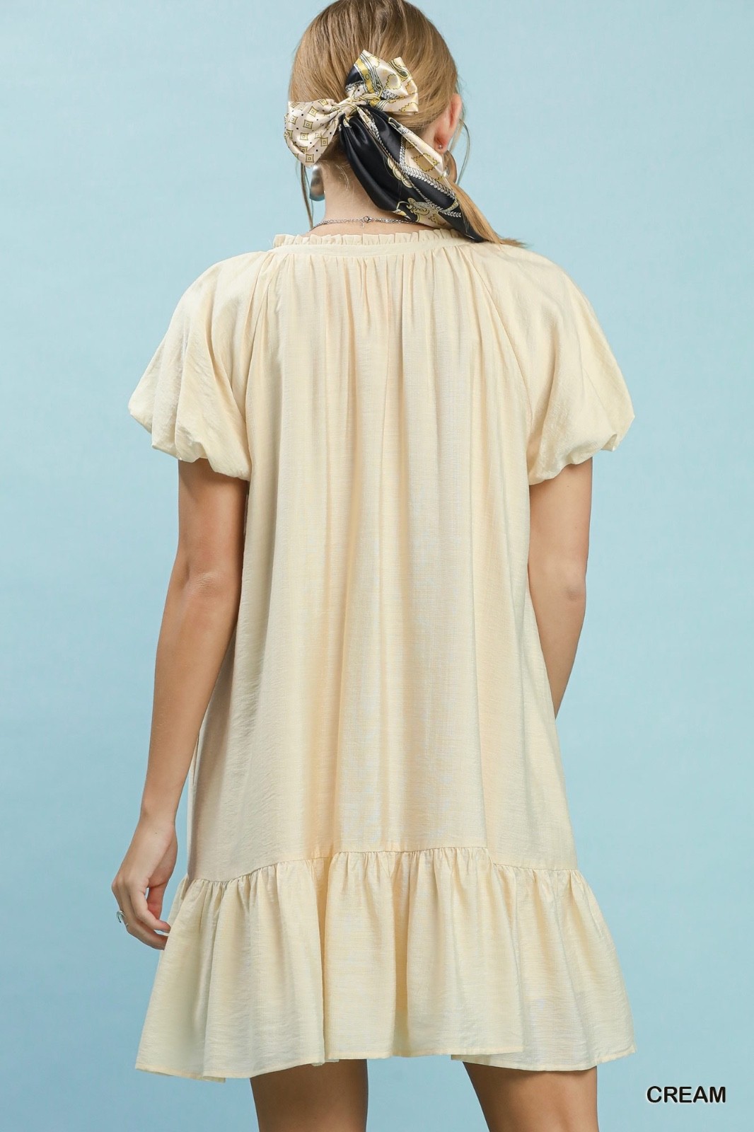 Umgee Ruffle Hem Shift Mini Dress Cream V Neck Boho Babydoll Women’s NWT
