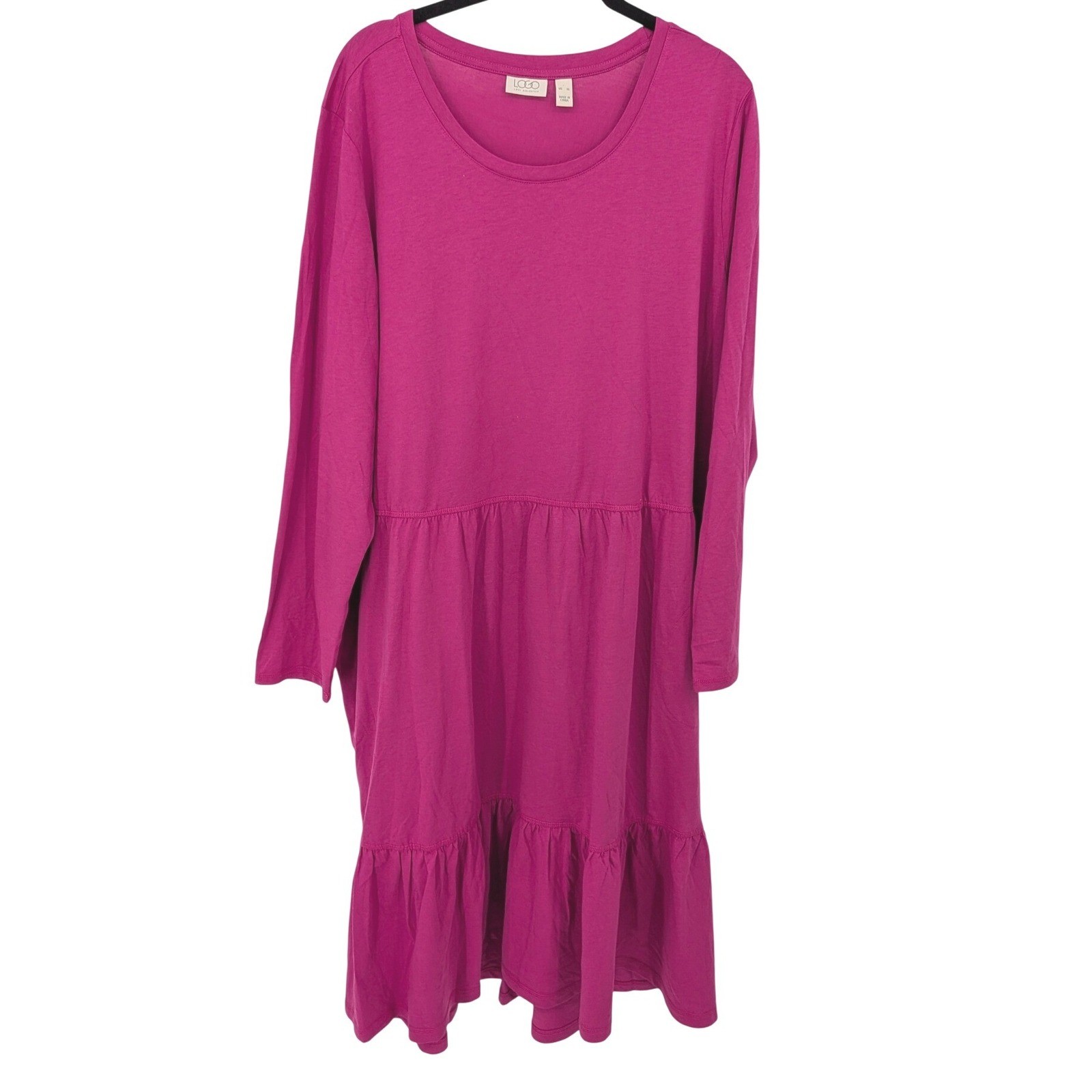LOGO Lori Goldstein Maxi Dress Womens XL Magenta Pink Tiered Long Sleeve Pockets