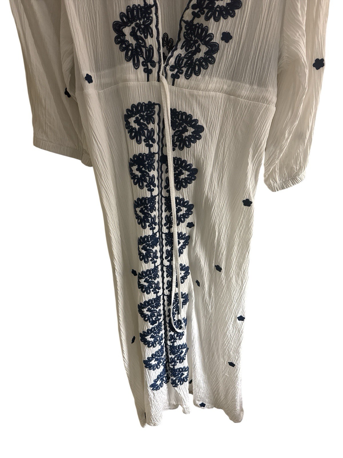 CEM Turkish Women’s White Gauze Midi Dress Navy Embroidery Sz Small (Runs Small)