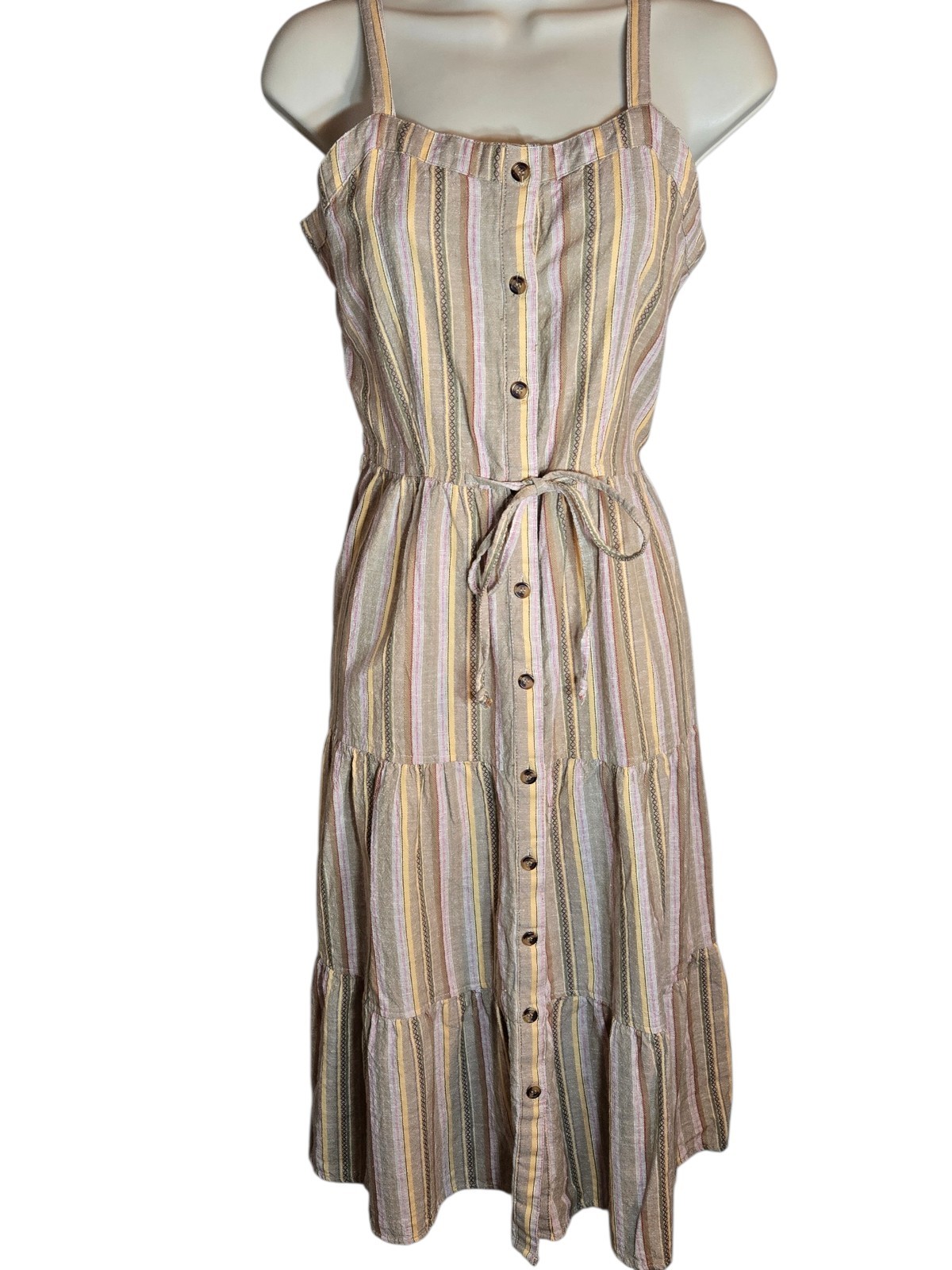 Women’s Button Down Midi Tiered Dress, Adjustable Straps Sweetheart Pockets Med