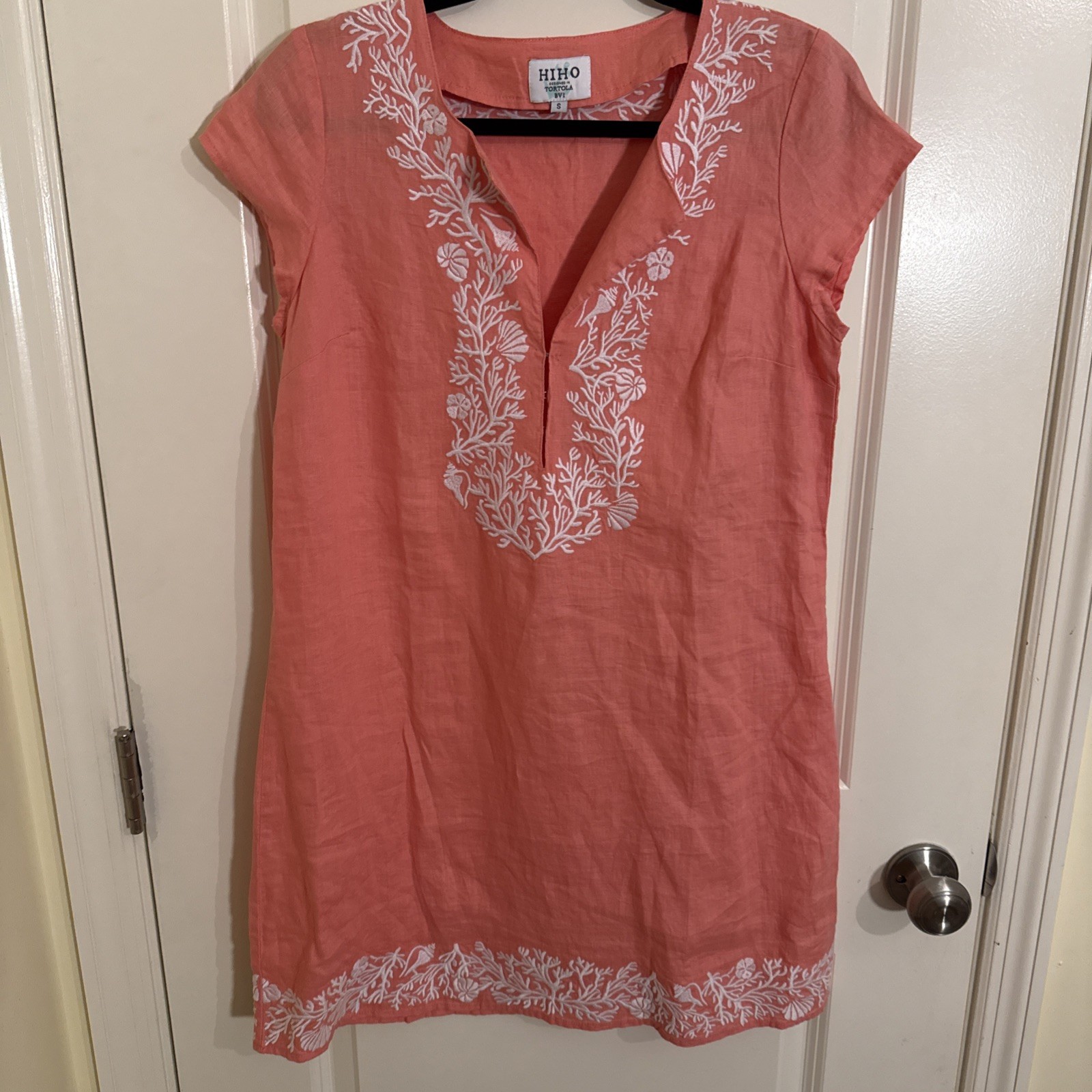 HIHO Tortola Women’s Coral 100% Linen White Embroidered Beach Dress Sz. SMALL