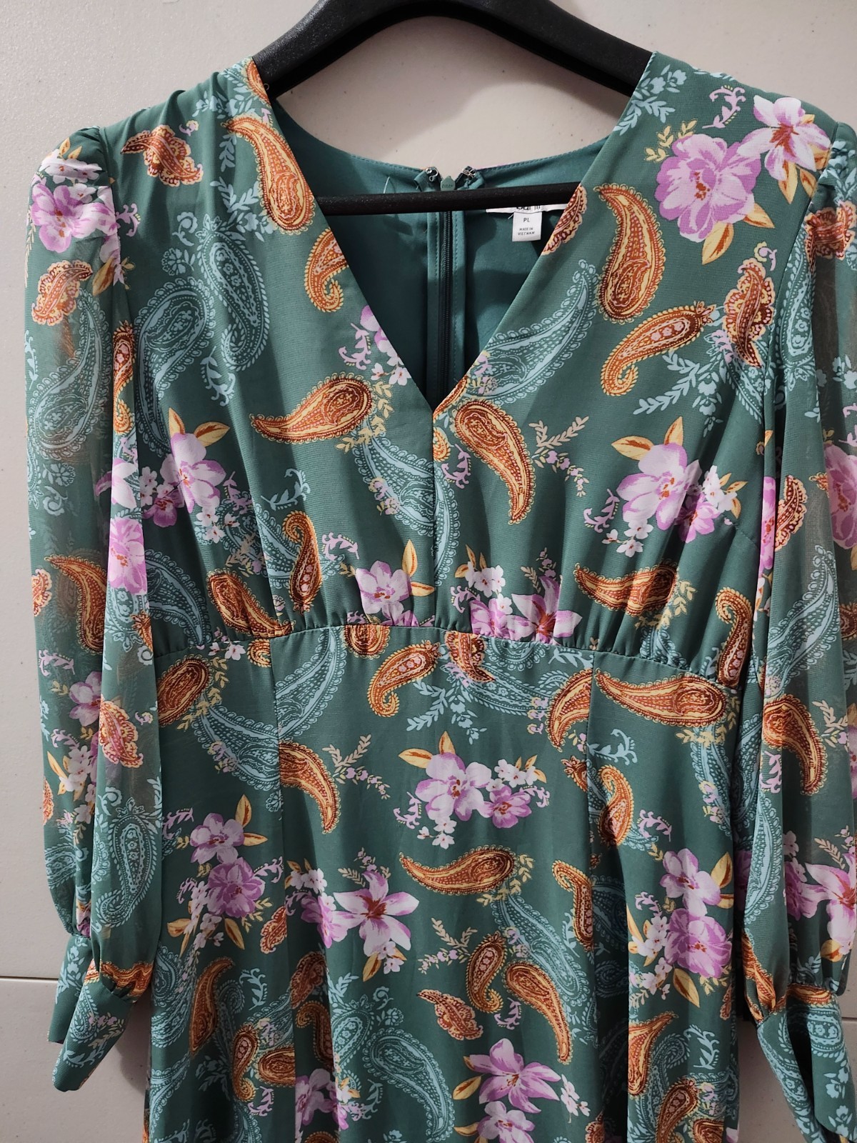 Bar III Dress Womens L Petite Maxi Long Sleeve Tier Paisley Vneck Boho Cottage
