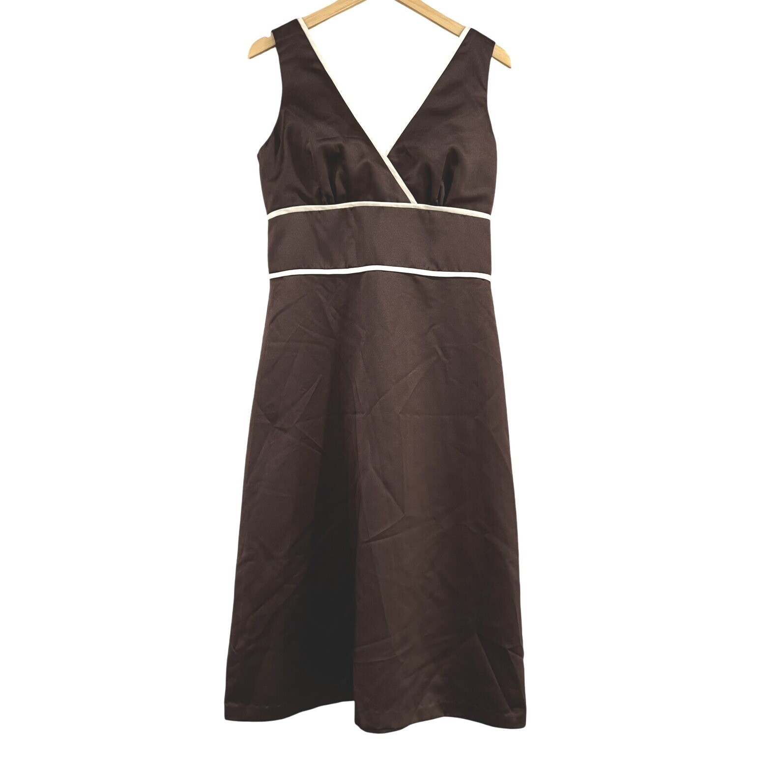 Alfred Sung Duchess Satin Espresso Ivory V-neck Size 10 Bridesmaid Dress